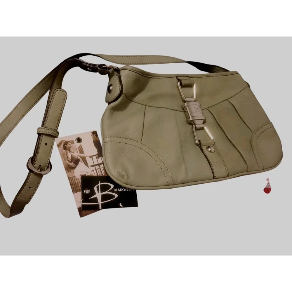 B. Makowsky Sage Green Pebbled Leather Cross-body Shoulder‎ Bag Purse EUC